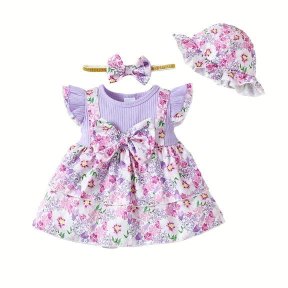Kucnuzki Newborn Baby Girl Clothes 3 Months Spring Summer Dress 6 Months Fly Sleeve Fake-Camisole Stitching Floral Prints Dress Hat&Headband 3PCS Set Purple 3-6 Months