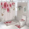 4Pcs Watercolor Pink Floral Bathroom Set Shower Curtain NonSlip Rug