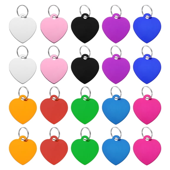 Pet ID Tags, Metal Engraving Tags, Heart-Shape Dog ID Tag, 10 Color Blank Tags with Key Rings, 20 Pack