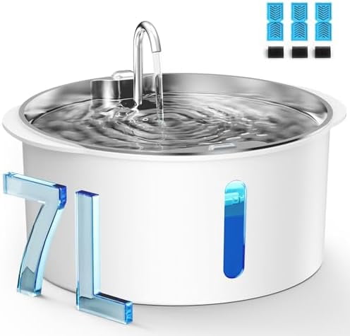 Large 1.8Gal/7L Pet Water Fountain with Viewing Window, LED Light, Super Quiet Pump, Stainless Steel Tray & 3 BPA-Free Filters