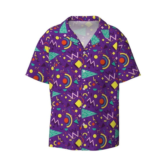 Ratiio Retro 80s Style Print Mens Casual Short Sleeve Shirts Button Down Textured Shirts Summer Beach Shirt with Pocket Men's Casual Short-sleeved Shirt