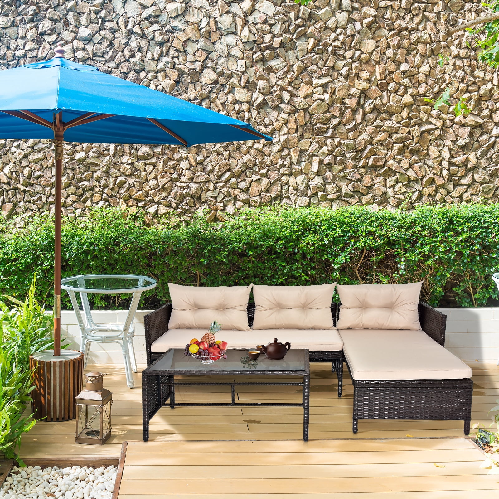 3 PCS Patio Sectional Sofa Conversation Set, All Weather Rattan Patio Furniture Set, Brown Outdoor Chaise Lounge Set with Cushion and Table, Deck Backyard Porch Furniture