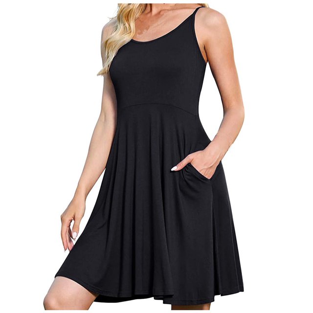 Pompotops Robe Décontractée Mode Femme Confortable Sexy Couleur Unie Col en U avec Poches Manches Courtes