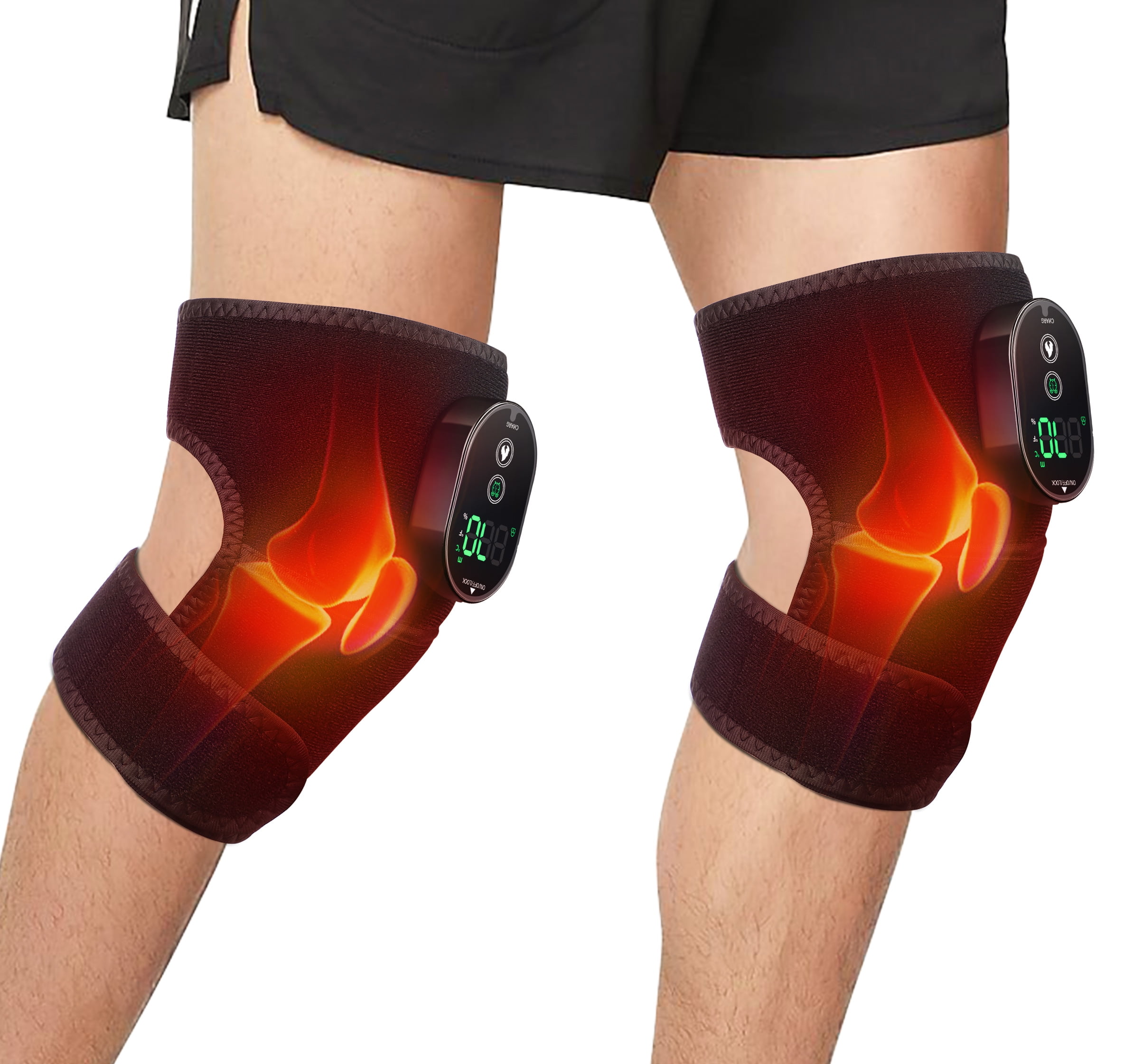 2PCS Heated Knee Massager, Cordless Heated Knee Brace Wrap with Massager for Knee, Knee Shoulder Elbow 3-in-1 Heating Vibration Massager, 3 Adjustable Heat and 3 Intensities, Black