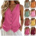 thumbnail image 2 of HongQid Ladies Button Front Vest Top V Neck Sleeveless Casual Linen Summer Fashion Outerwear for Women Textured Woven Tailored Spring Clothes Ladies Trendy Casual Layering Camisole Waistcoat, 2 of 7