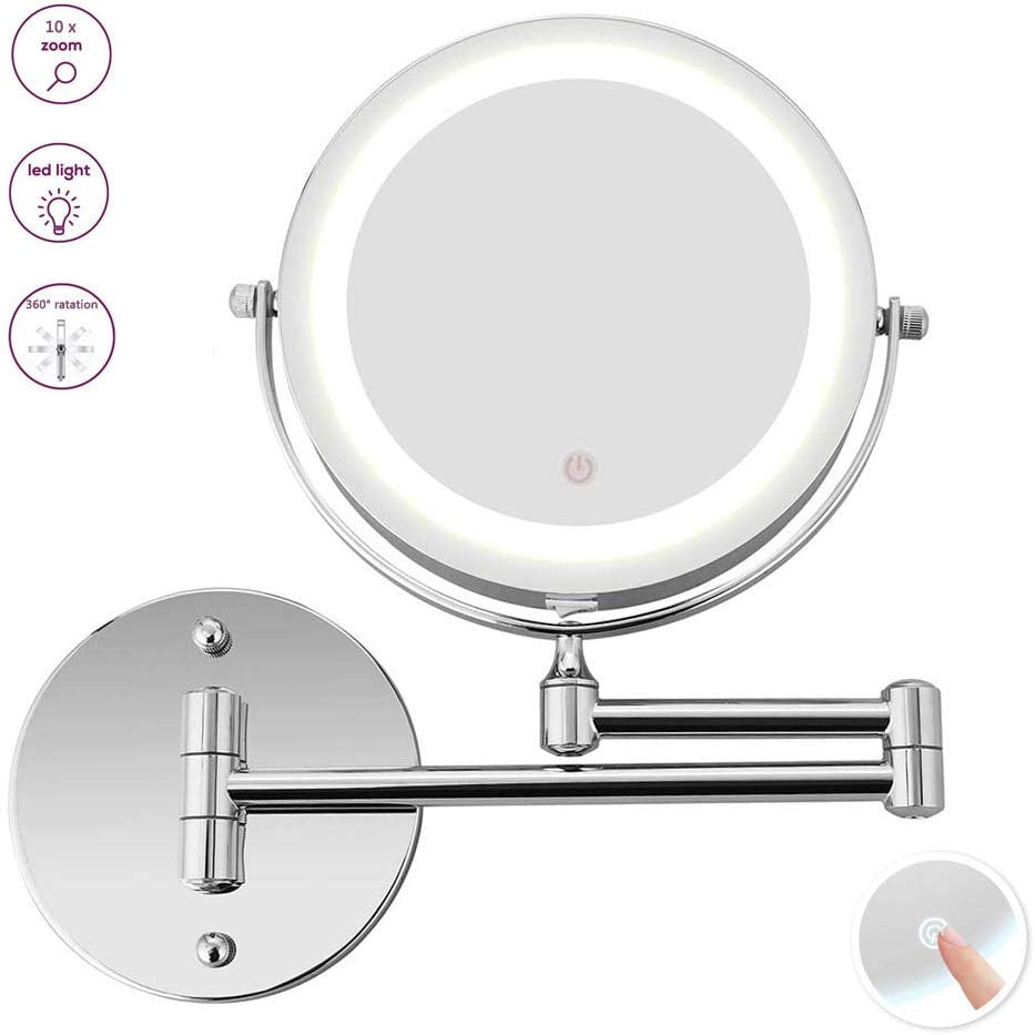 Wall Mounted Makeup Mirror Led Lighted 10x Magnification Two Sided Round Swivel Extendable