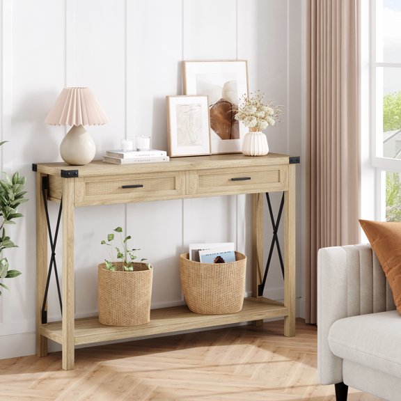 Farmhouse Entryway Table with 2 Drawers, Rataan Console Table for Entryway , Wooden Sofa Table  for Living Room, Foyer, Hallway-Burlywood