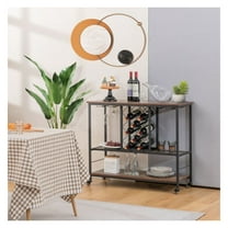 Wine Bar Cabinet - 3-Tier Rolling Bar Cart with 8 Bottle Rack & 12 Glass Holder - Industrial Style Serving Cart for Home Kitchen, Dining Room, Rustic Brown & Black