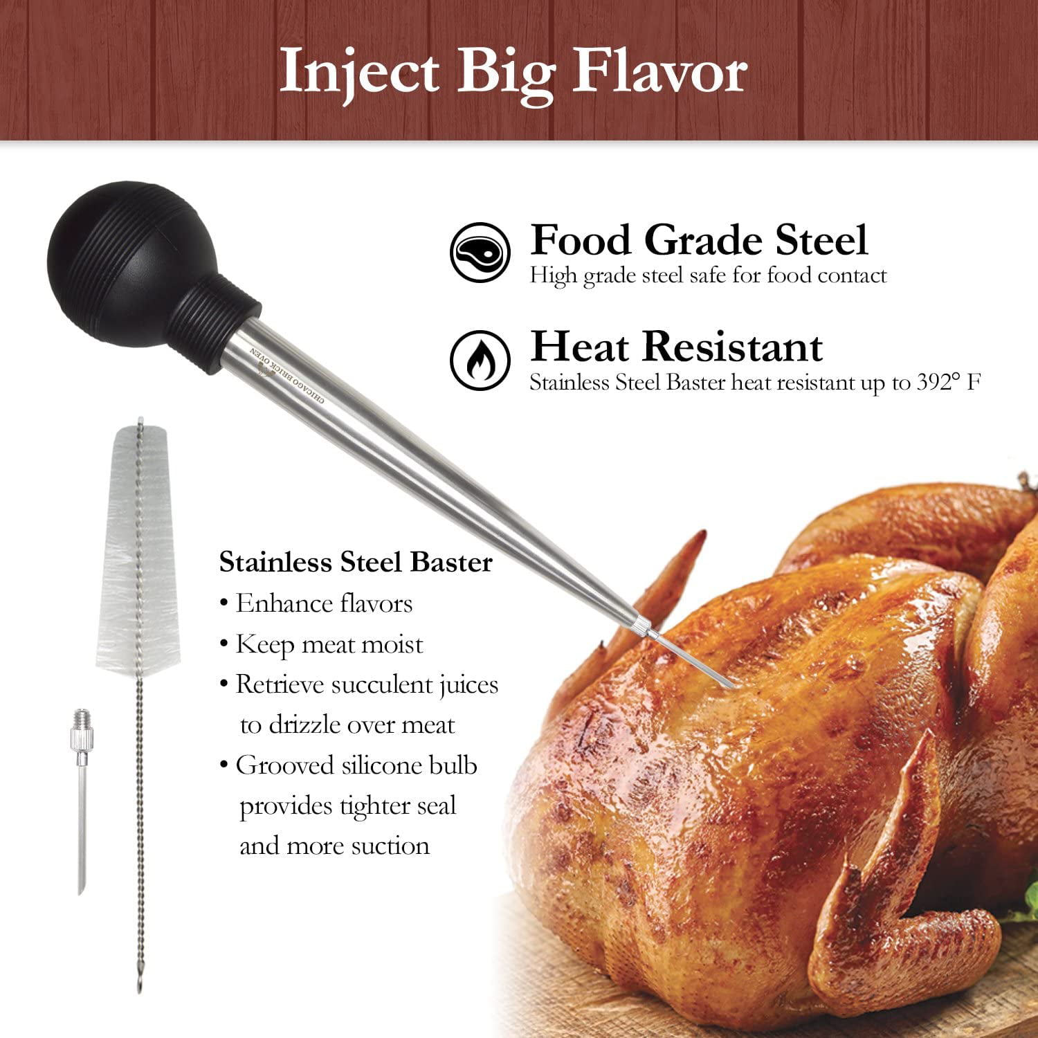 Cleaning Brush Thermometer Probe Basting Turkey Baster Stainless Steel 