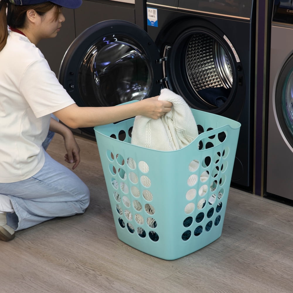 Flexible Plastic Laundry Basket - Square Storage Hamper with Side Handles for Easy Carrying - Versatile Organizer for Laundry, and Household Storage, Green 50 Litter