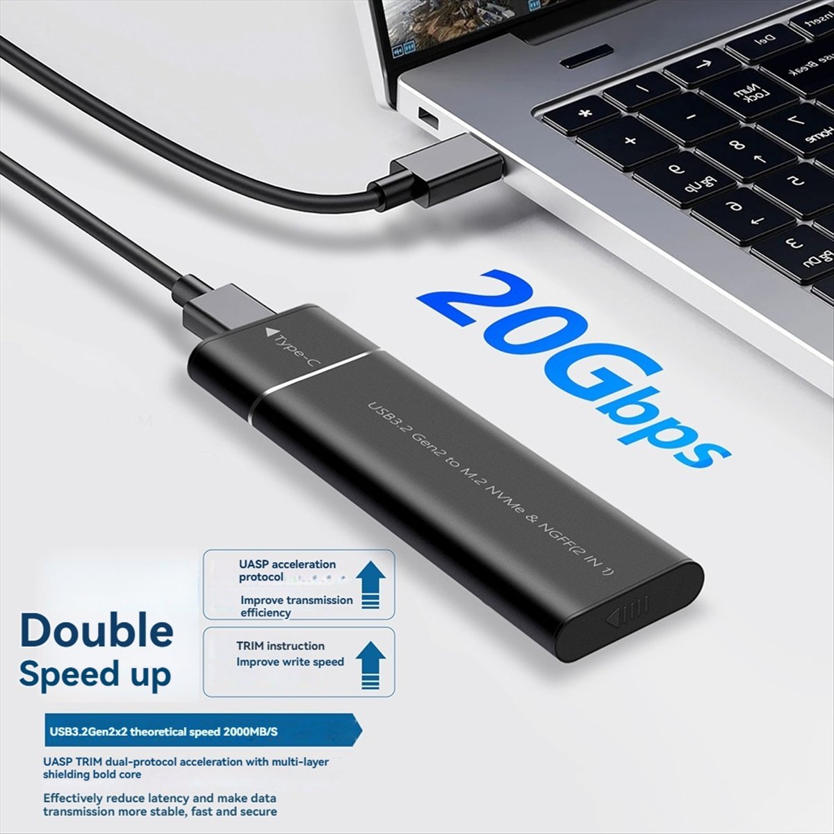 M.2 NVMe SATA SSD Enclosure Adapter Tool-Free USB 3.2 Gen2 20Gbps External NVMe to USB SATA M-Key / B+M Key Black