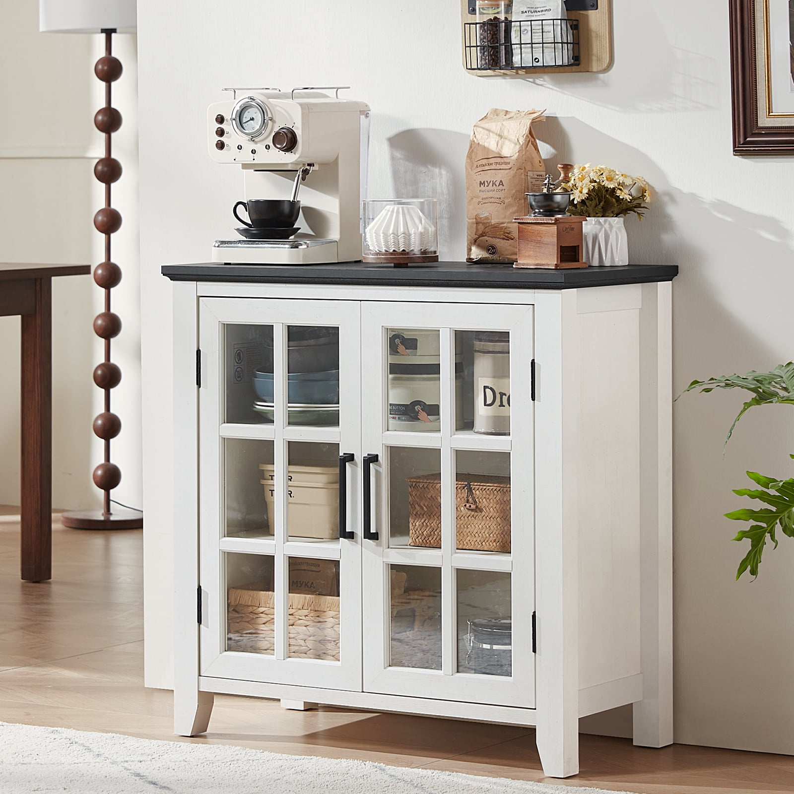 Joaxswe Sideboard Buffet Bar Cabinet Farmhouse 2 Glass Doors Coffee Wine White 32 Inch