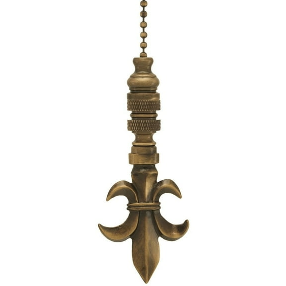 Fleur De Lis Ceiling Fan Pull, 3.2"h with 12" Antiqued Brass Chain