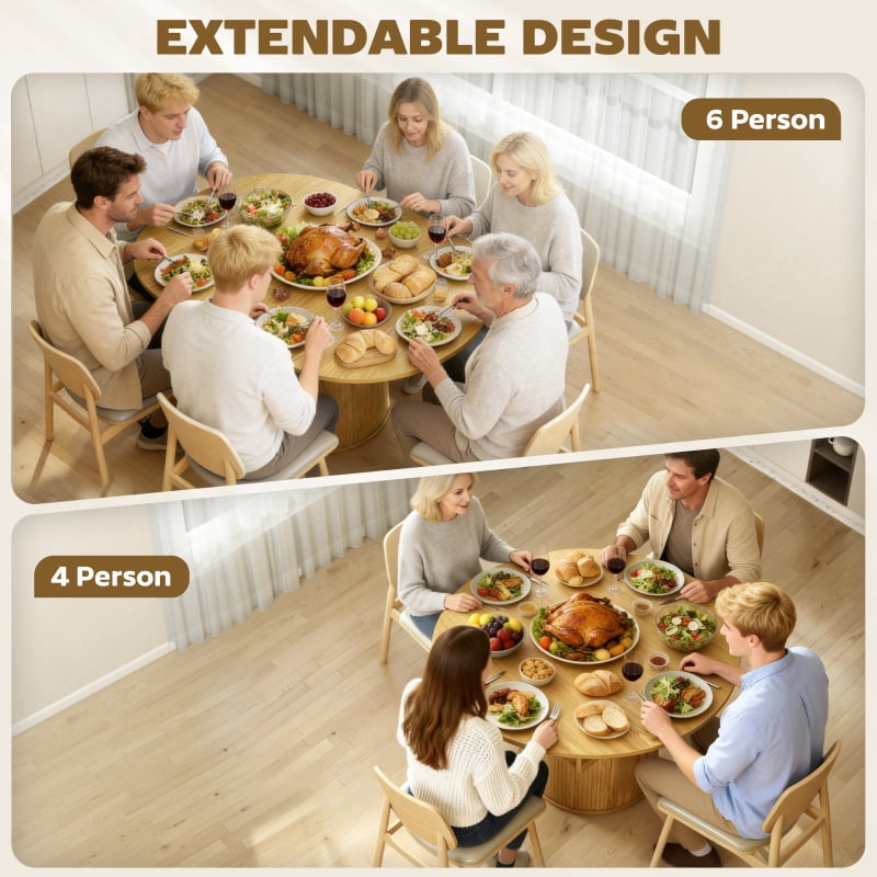 HOQBN Extendable Dining Table for 6, 60" Farmhouse Kitchen Table with 2-Tier Storage Shelf and Fluted Sliding Doors, Natural