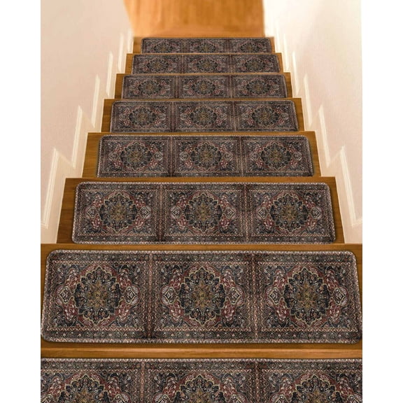 Retro Boho Stair Treads for Wooden Steps Indoor Runner Rug Carpet, Modern Geometric Abstract Art Aesthetics 7 Pieces Peel and Stick Staircase Step Treads Covers Washable Throw Door Mats, 30"x8"