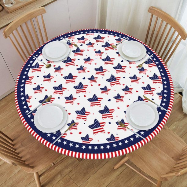 4th of July Tablecloth Elastic Fitted Tablecloth Round Patriotic American Flag Tablecloth