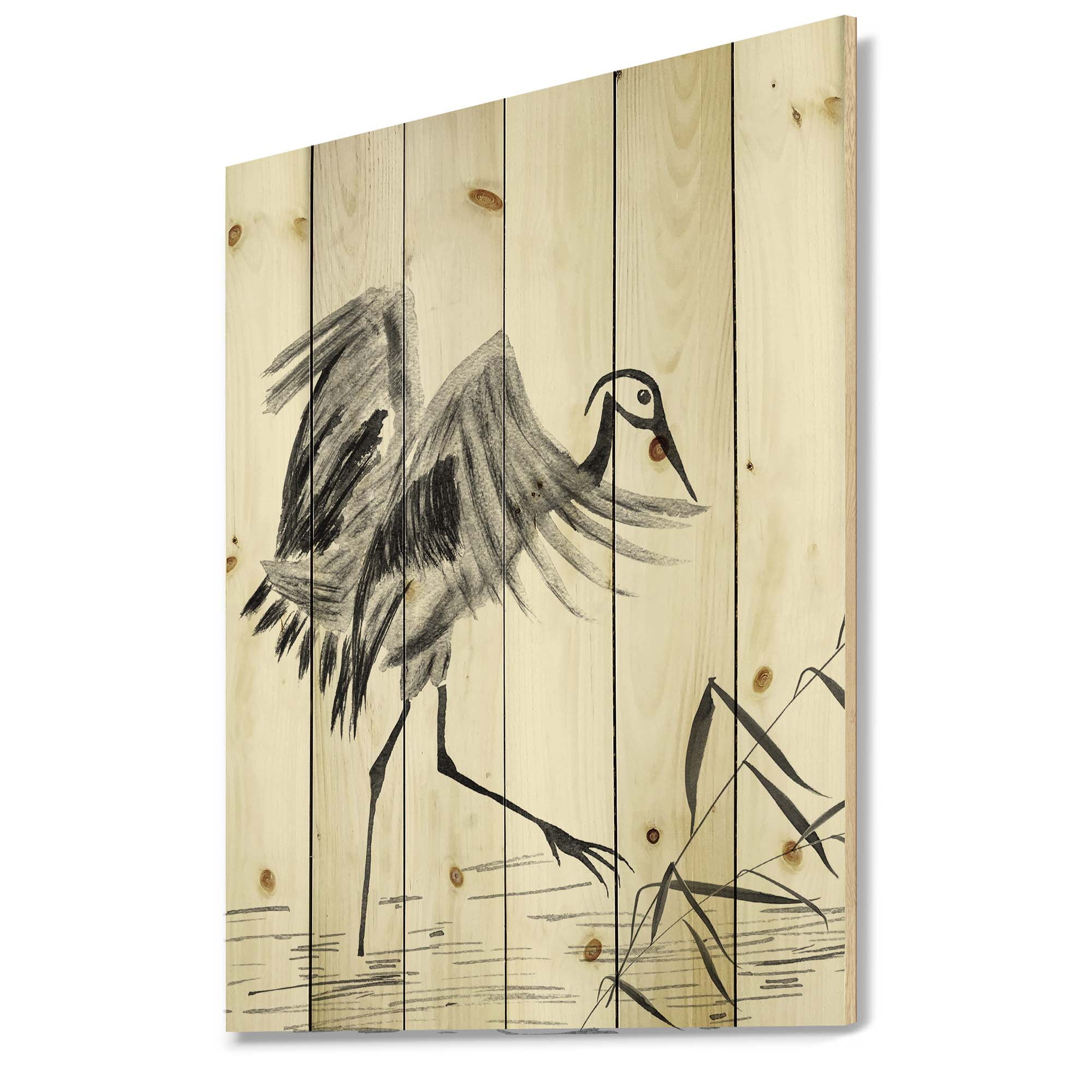 Designart 'Monochrome Japanese Oriental Crane Bird' Traditional Print on Natural Pine Wood