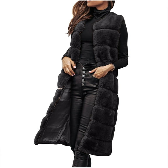 Long Cardigan For Women Fleece Solid Color Open Front Sweater Vest Comfy Elegant Hoodies Coat Jackets Tops Tunic With Pockets,Black,XL
