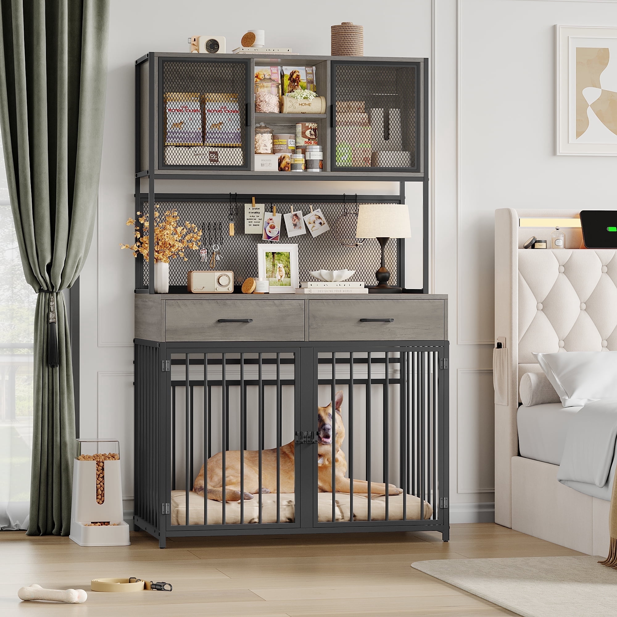 Hiphuta 71" Tall Dog Crates Furniture, Indoor Dogs Kennel Furniture with Hutch, 42"W Dog Cage Furniture for Large/Medium Dogs, Decorative Sturdy Pet House, Ash Gray