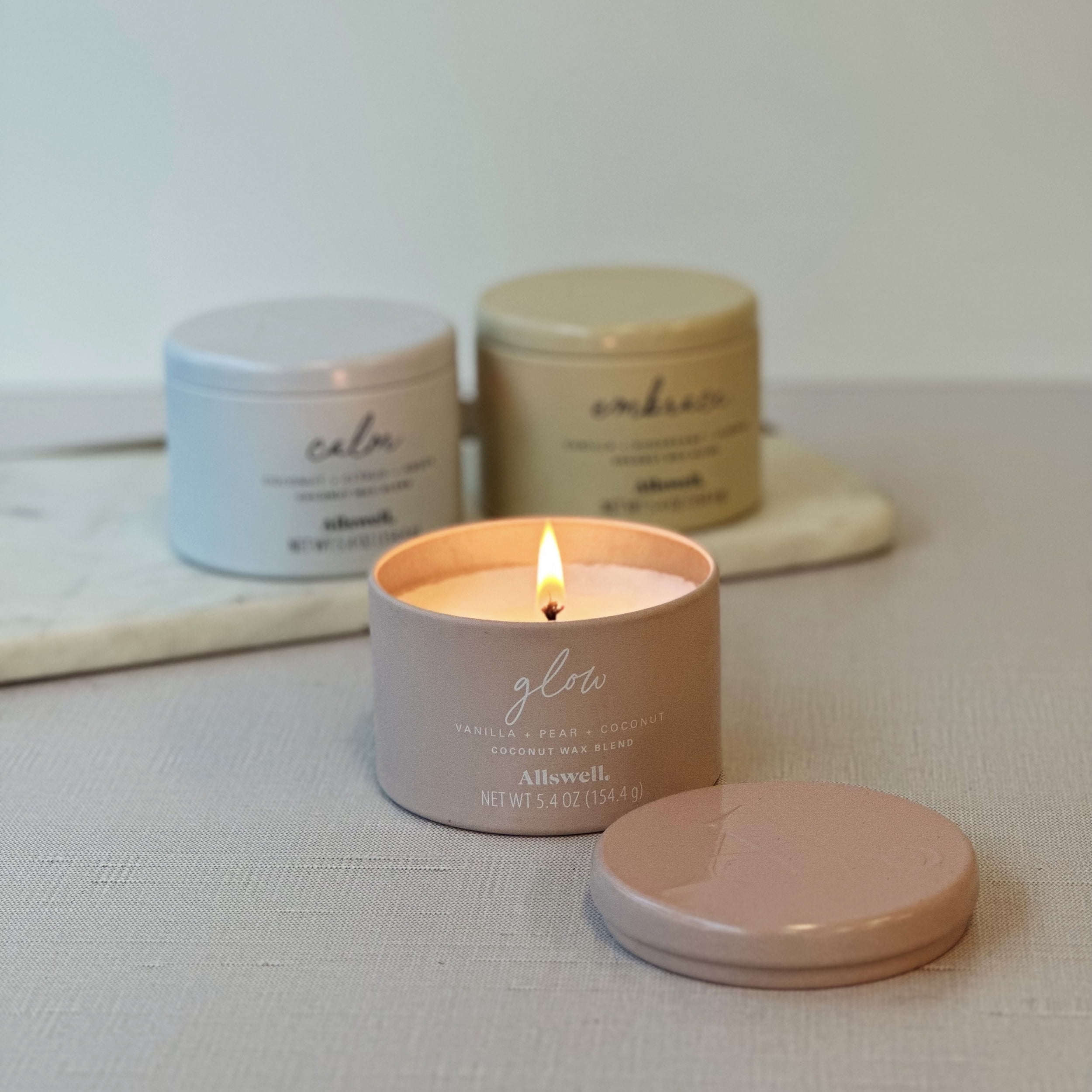(2 pack) Allswell Glow Scented Tin Candle, Pink, Vanilla + Pear + Coconut, 5.4 oz