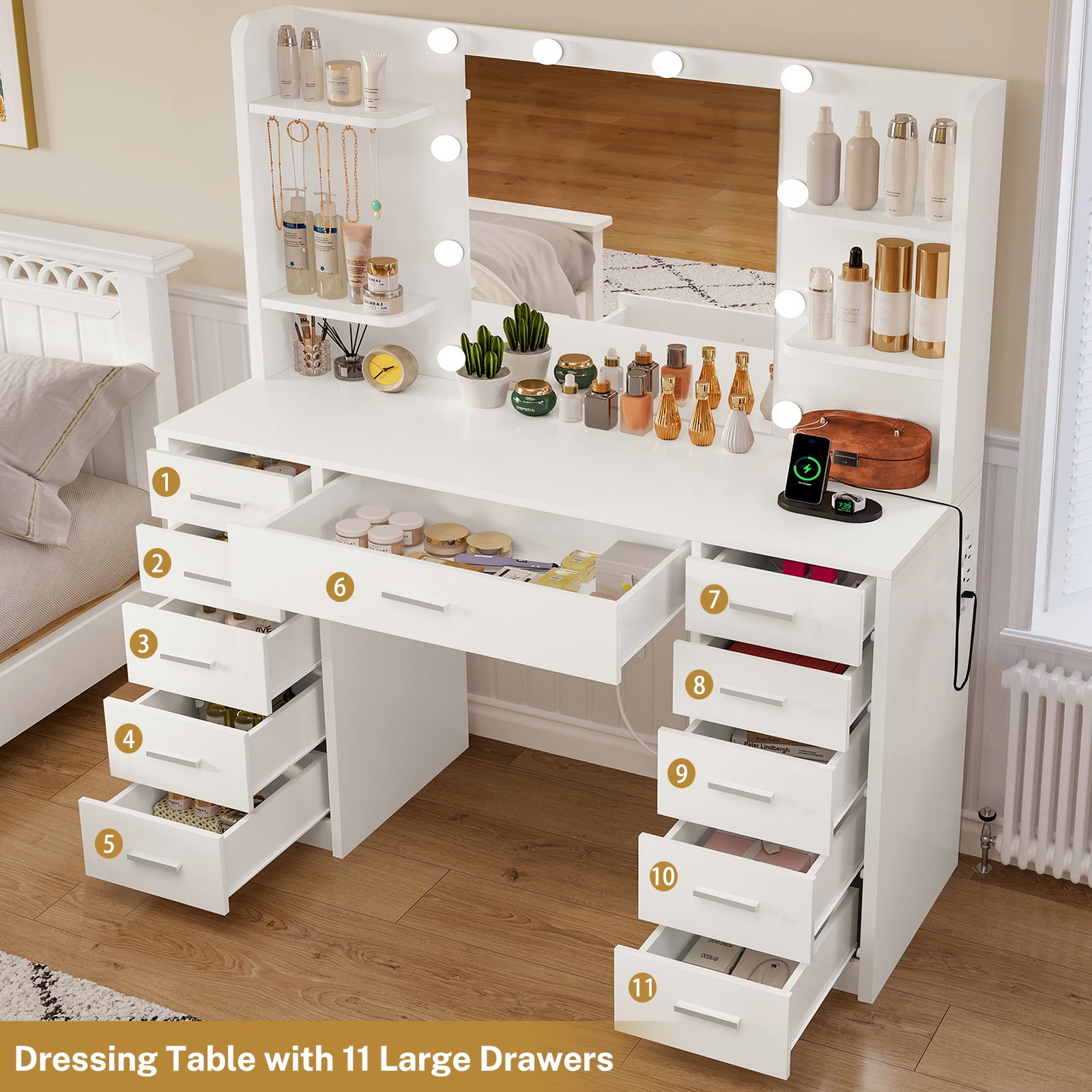 TEENFON Vanity Set with Mirror and Lights, Makeup Vanity with Power Outlet, 11 Drawers, 4 Shelves and 5 Jewel Hooks, Vanity Table For Bedroom, White