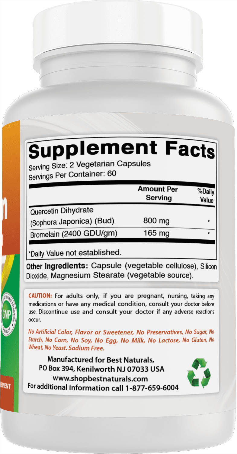 (2 pack) Best Naturals Quercetin with Bromelain 120 Vegetarian Capsules - 800 mg of Quercetin & 165 mg of Bromelain (400 GDU/g) | (Total 120 Vegetarian Capsules)