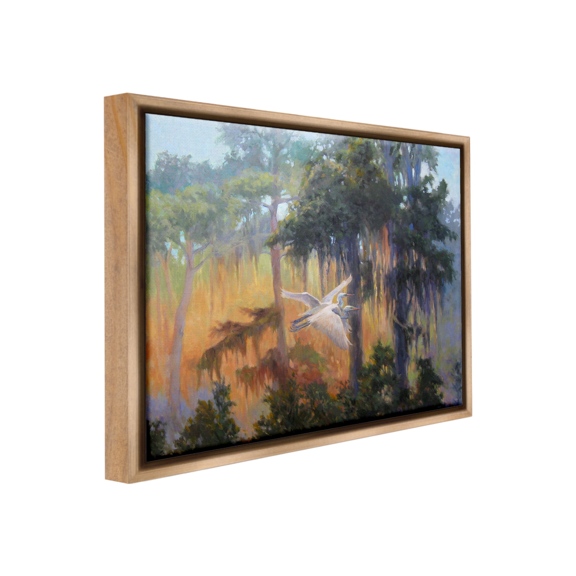 Stupell Industries Flying Egrets in Forest Animals & Insects Painting Brown Floater Framed Canvas Art Print Wall Art, 21 x 17