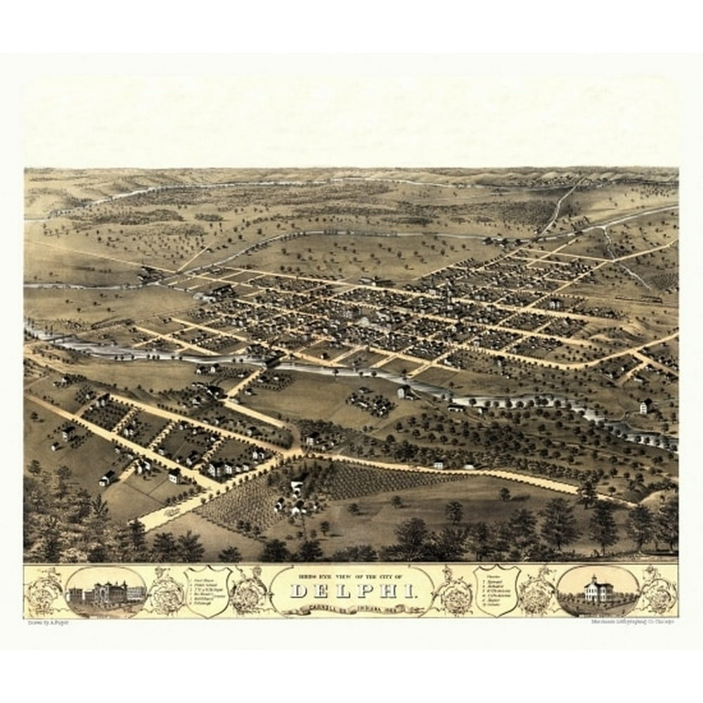 Antique Map of Delphi Indiana 1868 Carroll County Poster Print