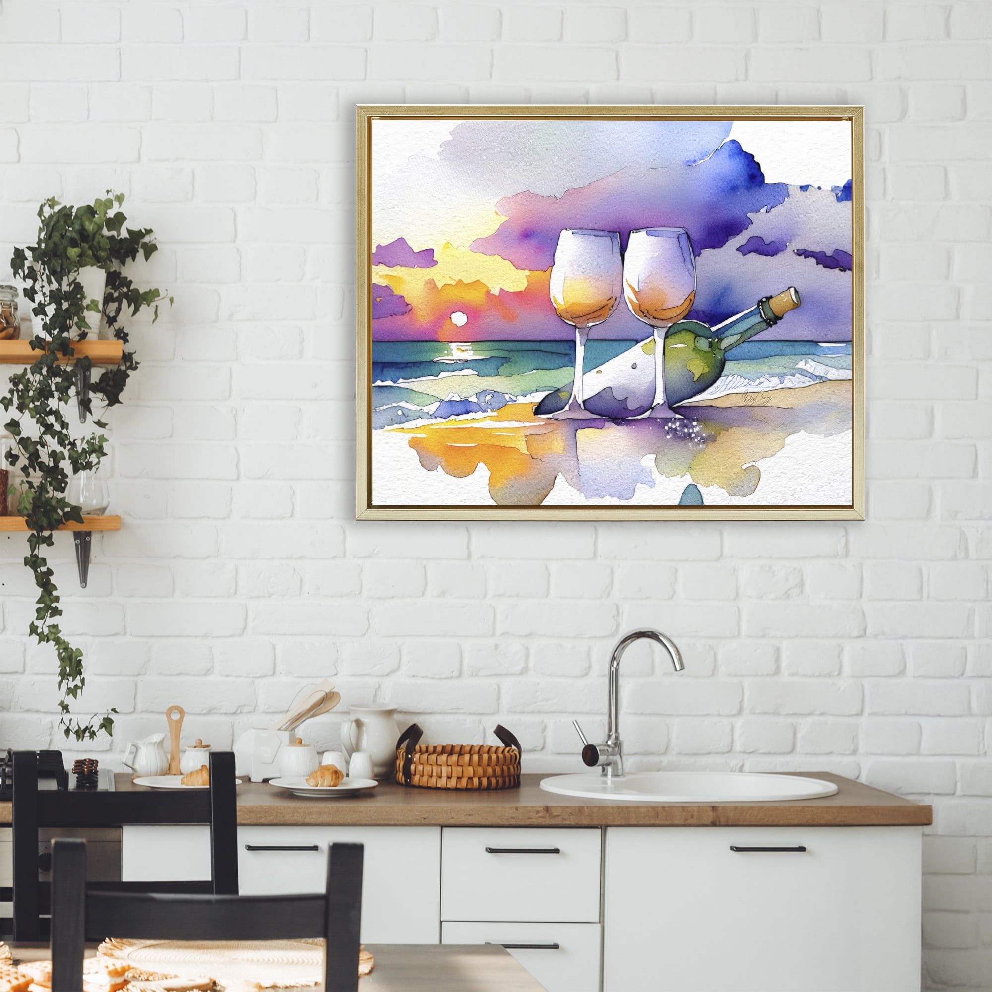 Stupell Industries Coastal Cheers with Wine Gold Framed Floater Canvas Wall Art, design by Shelly Craig