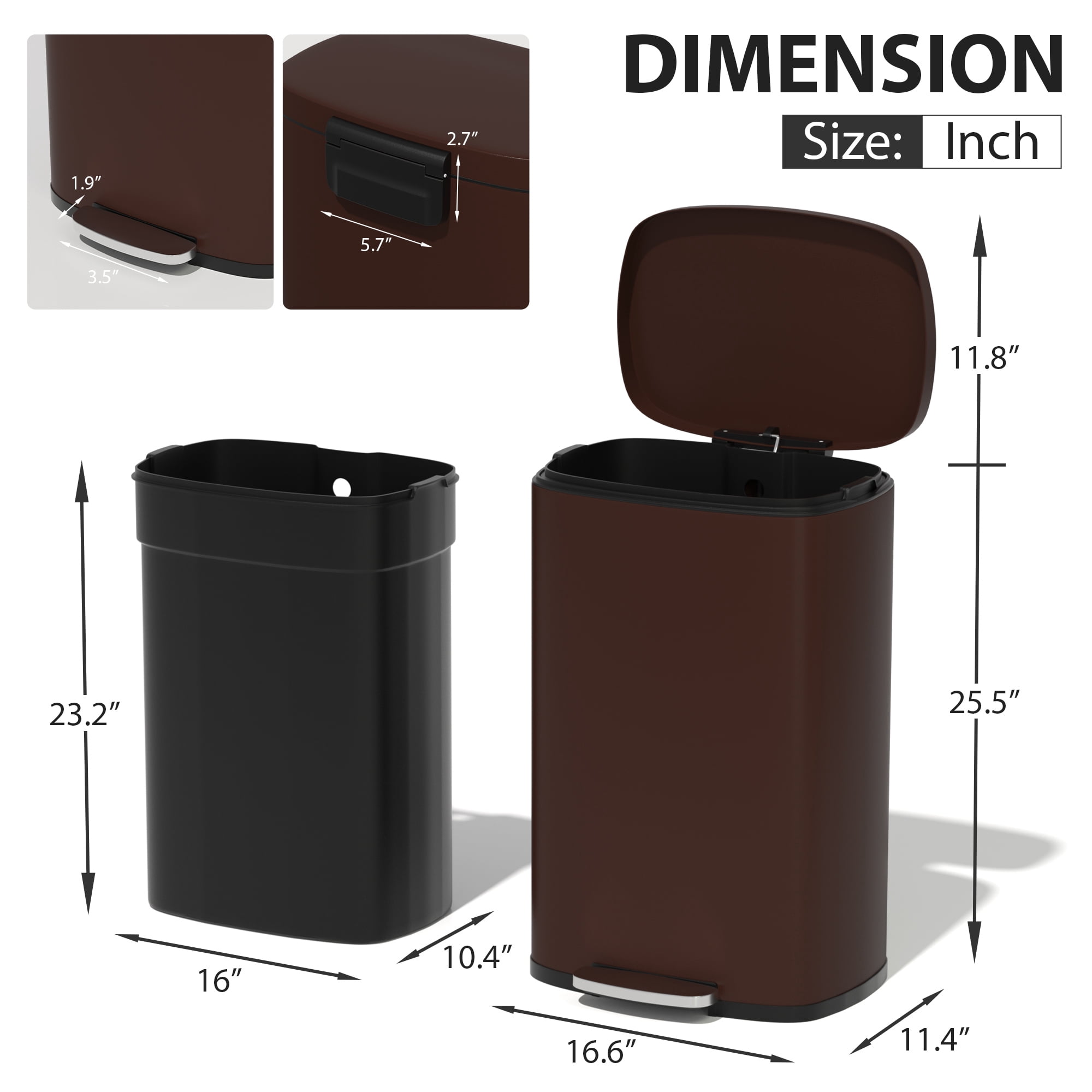 CL.HPAHKL Step-On Kitchen Trash Can, Brushed Stainless Steel Garbage Can with Soft Close Lid, Large Capacity Garbage Bin with Odor Seal for Home, Office, Bathroom, Bedroom, Brown