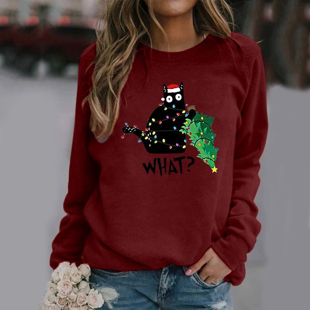 Ropa de Feliz Navidad para mujer, Jersey ligero de dibujos animados con Gato esponjoso, sudaderas gráficas dulces para mujer