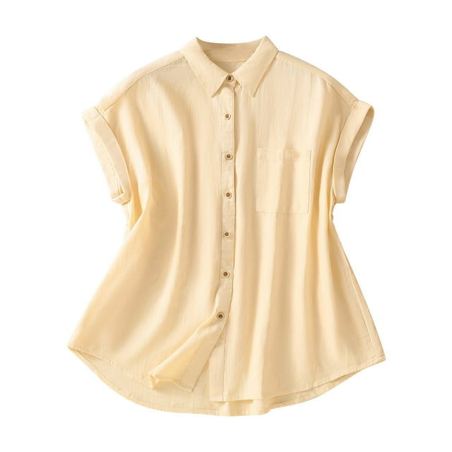 UAMVSH Cardigans en Coton et Lin pour Femmes Mode Coupe Ample Manches Courtes avec Poches Vestes Décontractées à Col Rabattu (TG, Beige)