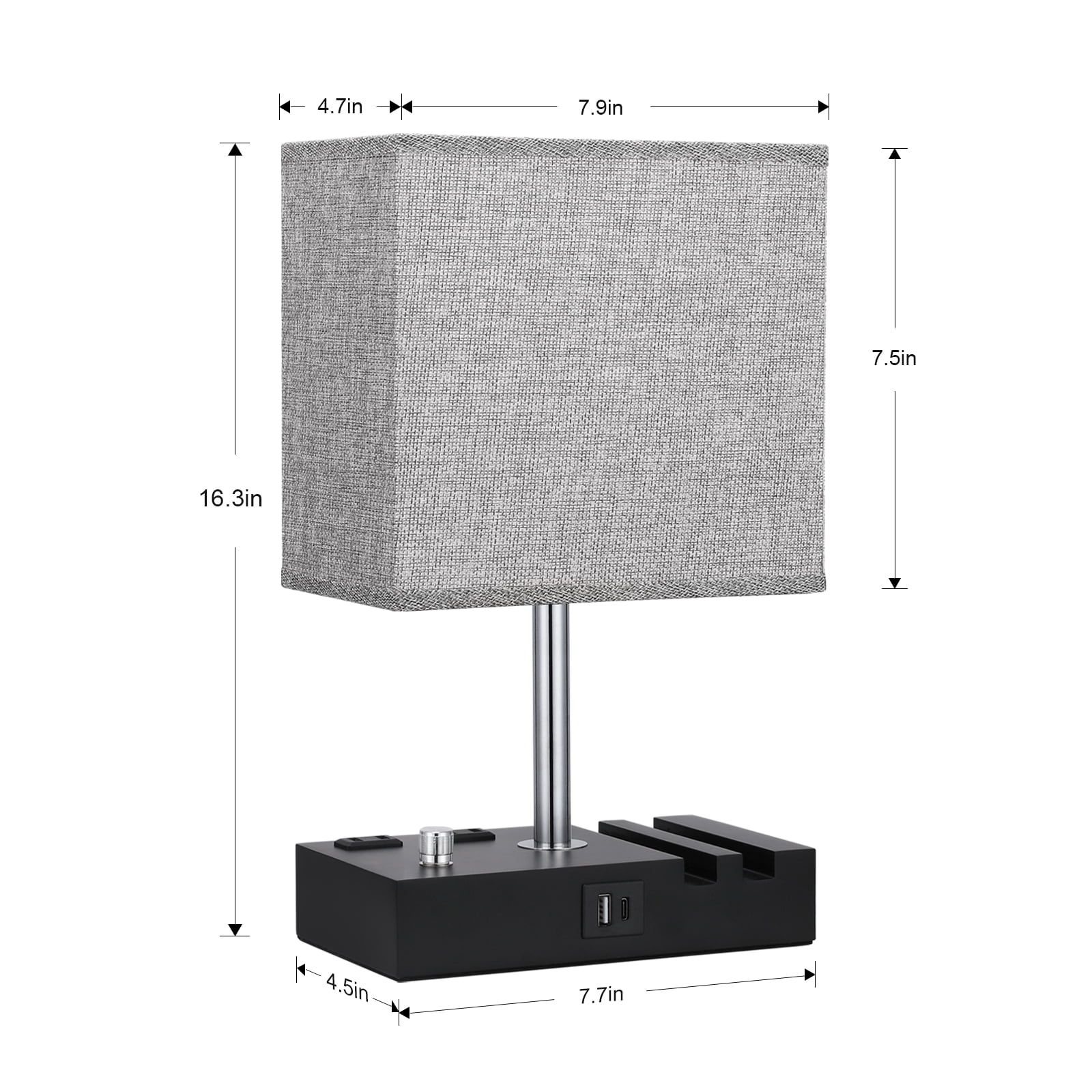 NiteLoom 16.3" Bedside Table Lamp with USB A+C Ports & 2 AC Outlets, Dimmable Nightstand Light for Bedroom, Living Room, Dorm, Office