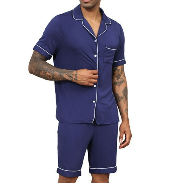 Mens Comfy Pajamas 2 Piece Modal Loungewear Set Short Sleeve Button down Shirt Sleeping Shorts Sets Summer Sleepwear Pjs Navy, S