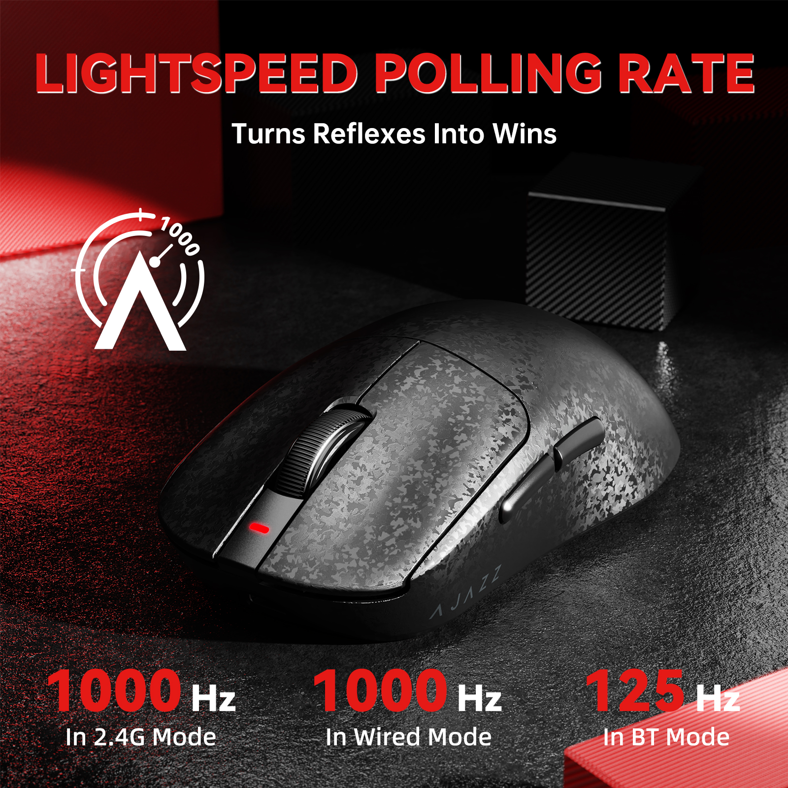 Ajazz Ultra-Lightweight 55g Wireless Gaming Mouse 24000 DPI PAW3311 Sensor Carbon Fiber Shell TTC 60M Clicks Switches 500mAh Battery 1K Polling Rate Durable & Anti-Slip Design Black