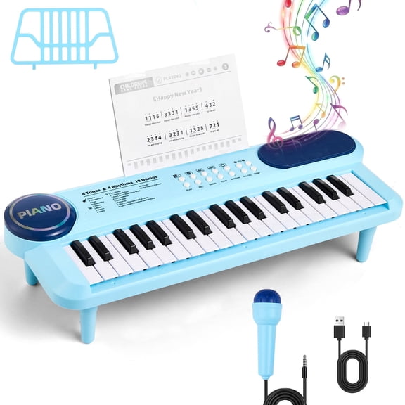 Baby Piano Toys for Kids, 37 Keys Electronic Keyboard with Microphone, Portable Piano for Toddlers, Educational Keyboard Musical Instrument Toys for Girls Boys, Blue