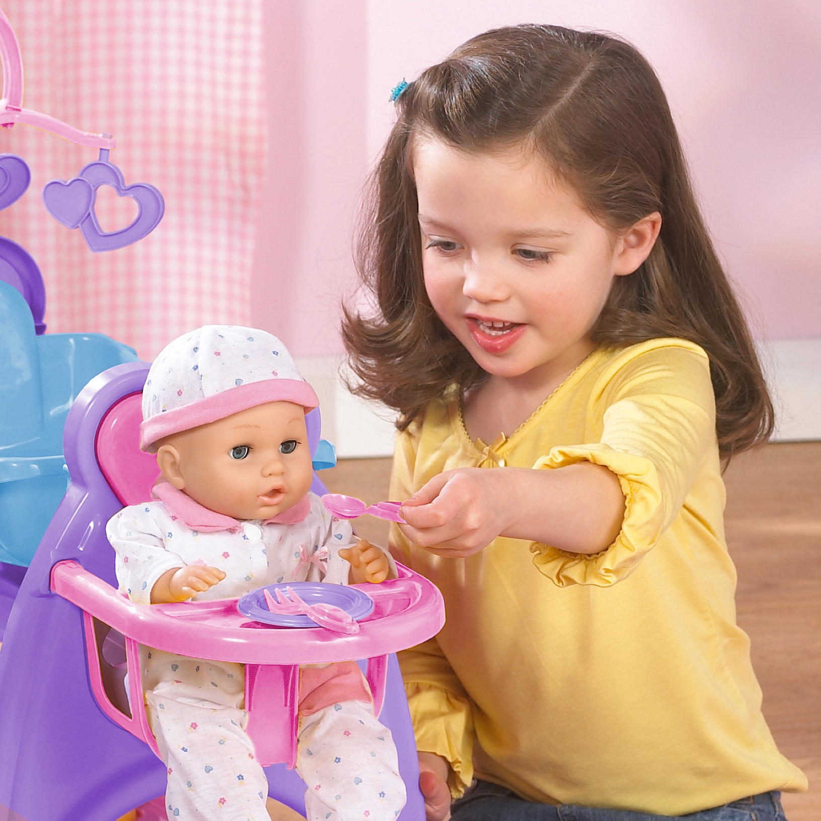 American Plastic Toys My Doll All in One Nursery Set with 5 Accessories, Doll Cradle, Doll Changing Table and Doll High Chair for Kids