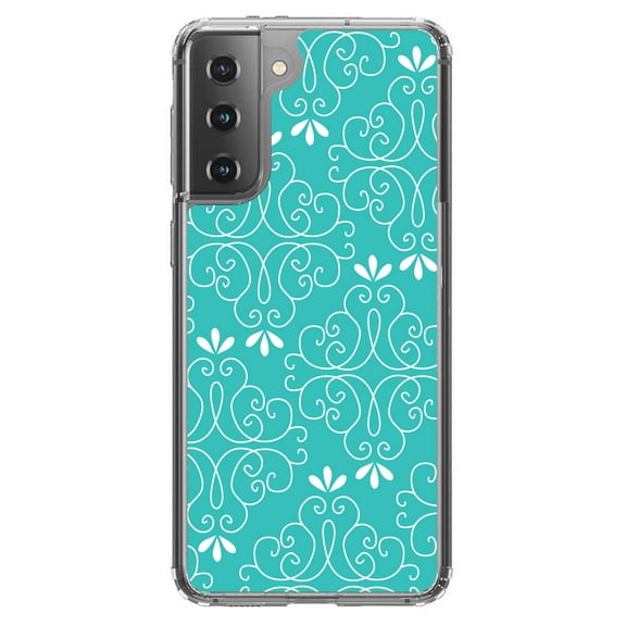 DistinctInk Clear Shockproof Hybrid Case for Galaxy S21 5G (6.2" Screen) - TPU Bumper, Acrylic Back, Tempered Glass Screen Protector - Teal White Floral