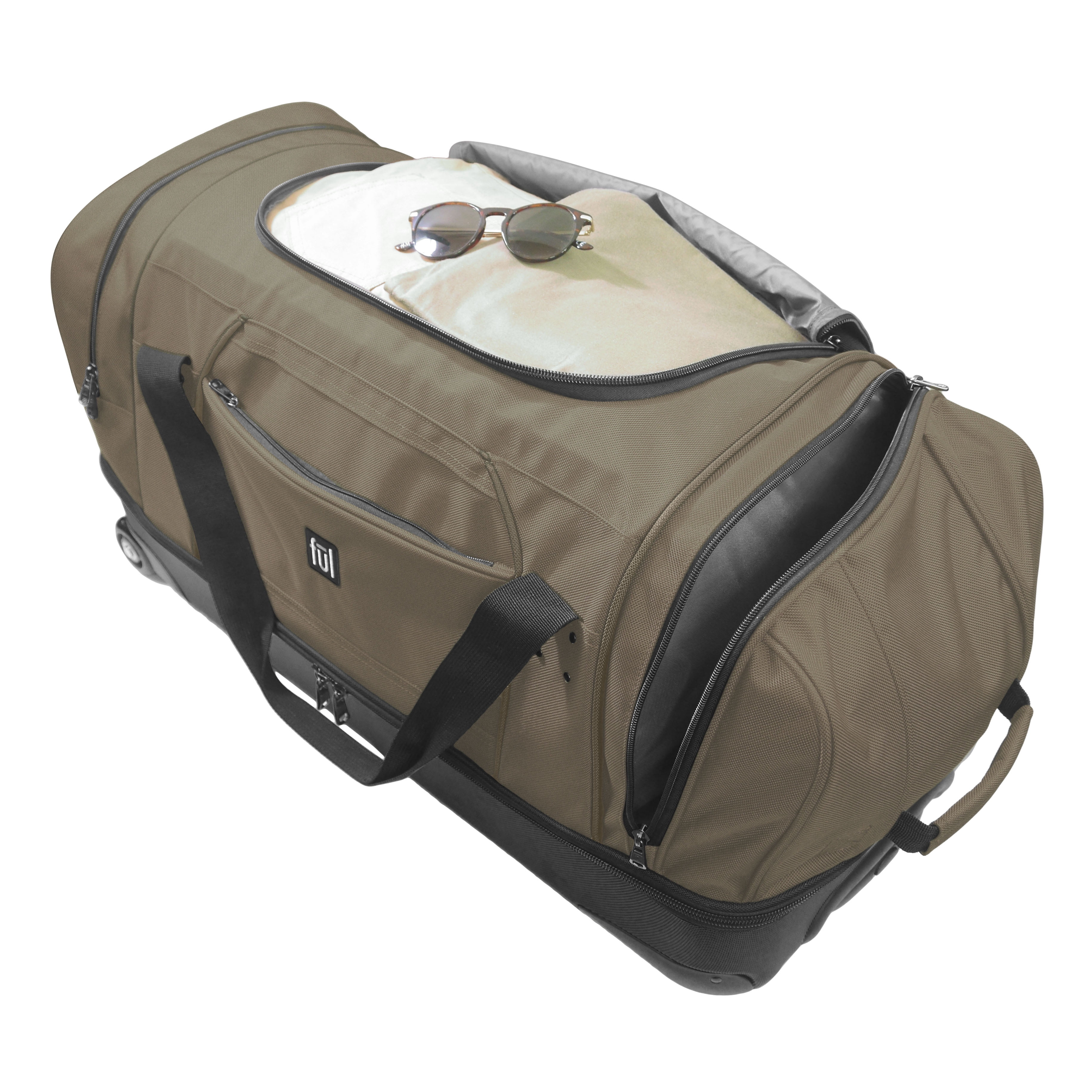 FUL Workhorse 30-Inch Rolling Duffel Bag, Split-Level Travel Luggage with Hardshell Base and Wheels, Khaki