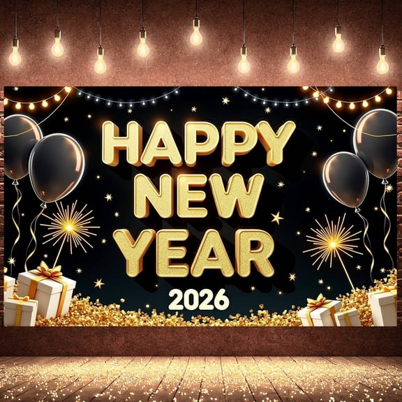 Gold Lettering Happy New Year Banner Black Balloons New Year Display Firework Design Gift Box Decor Festive Banner for New Year Party Holiday Celebration New Year Eve