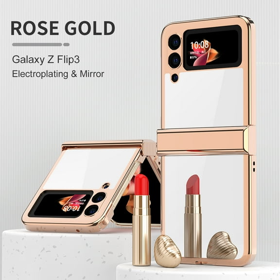 Dteck Samsung Z Flip 3 Case with Hinge Protection Design, Light Luxury Electroplating Mirror Z Flip 3 Case for Samsung Galaxy Z Flip 3 5G Case,Rosegold