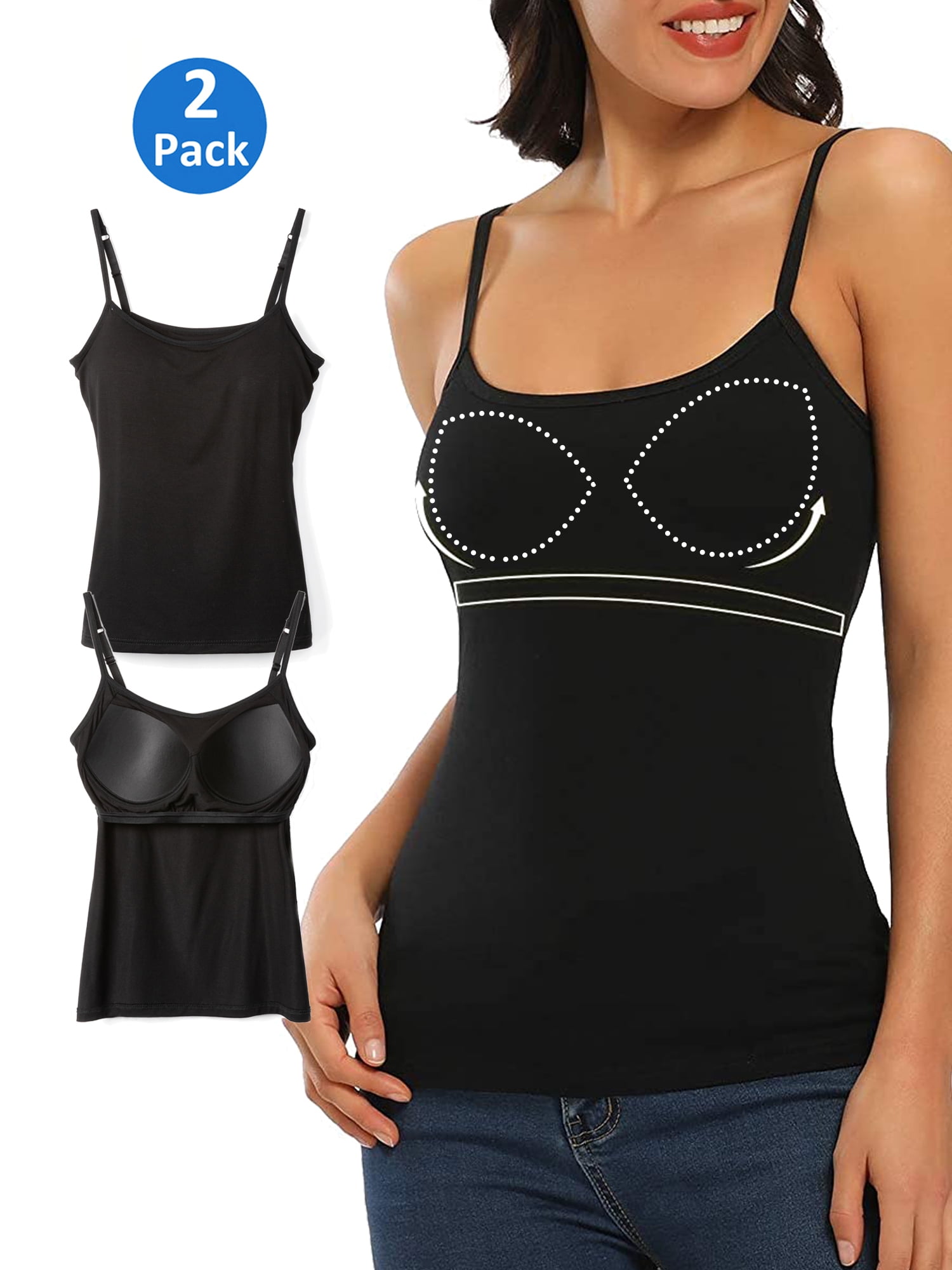 Women's Cami with Built-in Bra Adjustable Strap, 2 Pack