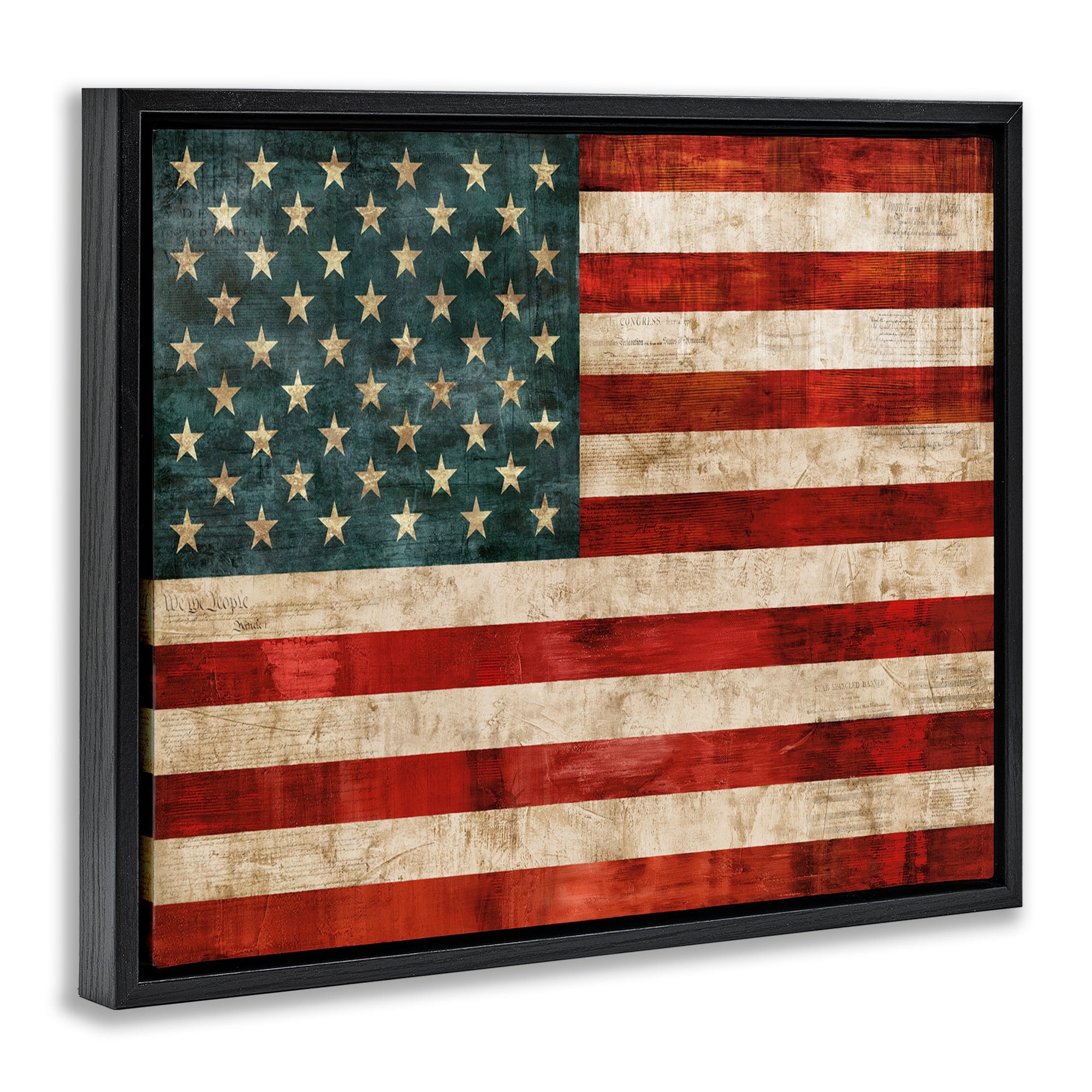 Stupell Industries US American Flag Wood Textured Design Jet Black Framed Floating Canvas Wall Art, 16x20, by Luke Wilson