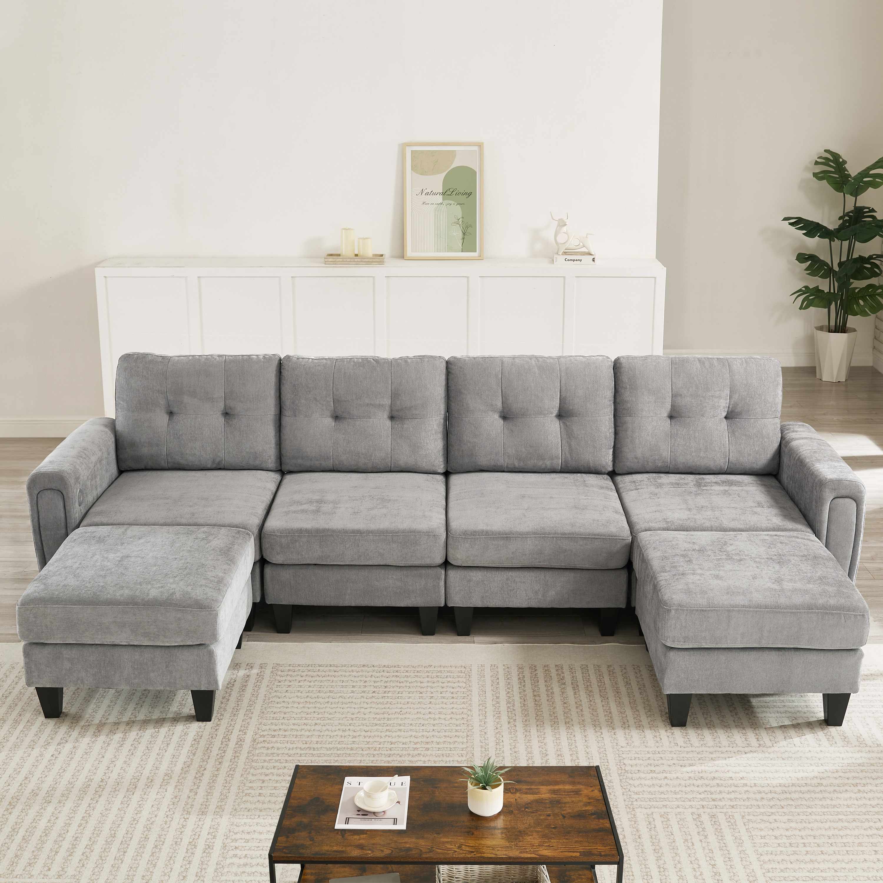 Euroco Modern Sectional Sofa 115" U-shaped Sofa Upholstered Sofa Couch with Two Movable Ottomans, USB Ports and Side Tables for Living Room, Grey