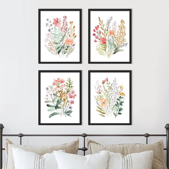 PixonSign 4 PCS Adhesive Canvas Poster Colorful Wildflower Framed Wall Prints Forest Bouquet Multicolor Botanical Floral Digital Art Set Nature Wilderness Modern Art Decor - 12"x16" Black