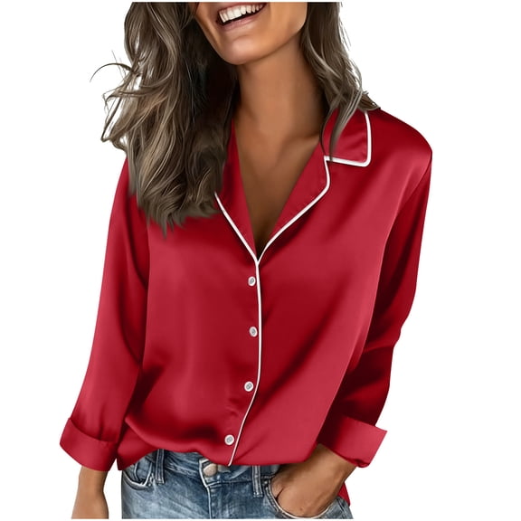 Lenpel Women's Satin Silk Blouses Long Sleeve V Neck Notched Collar Button down Shirts Business Casual Work Tops(Red,X-Large)