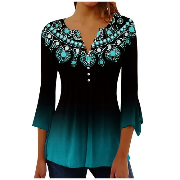 Yuyuzo 3/4 Sleeve Tops for Women Button Up V Neck Ruched Flowy Summer Tunic Tops Blouses Boho Floral Printed Tee Shirts Green A1