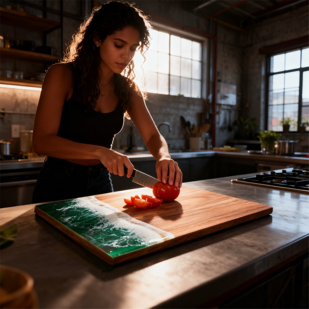 GZCMXH 14.17 inch Acacia Wood Cutting Board, with Unique Green Resin, Natural Wood Grain, Suitable for Wedding/Chef's Gifts