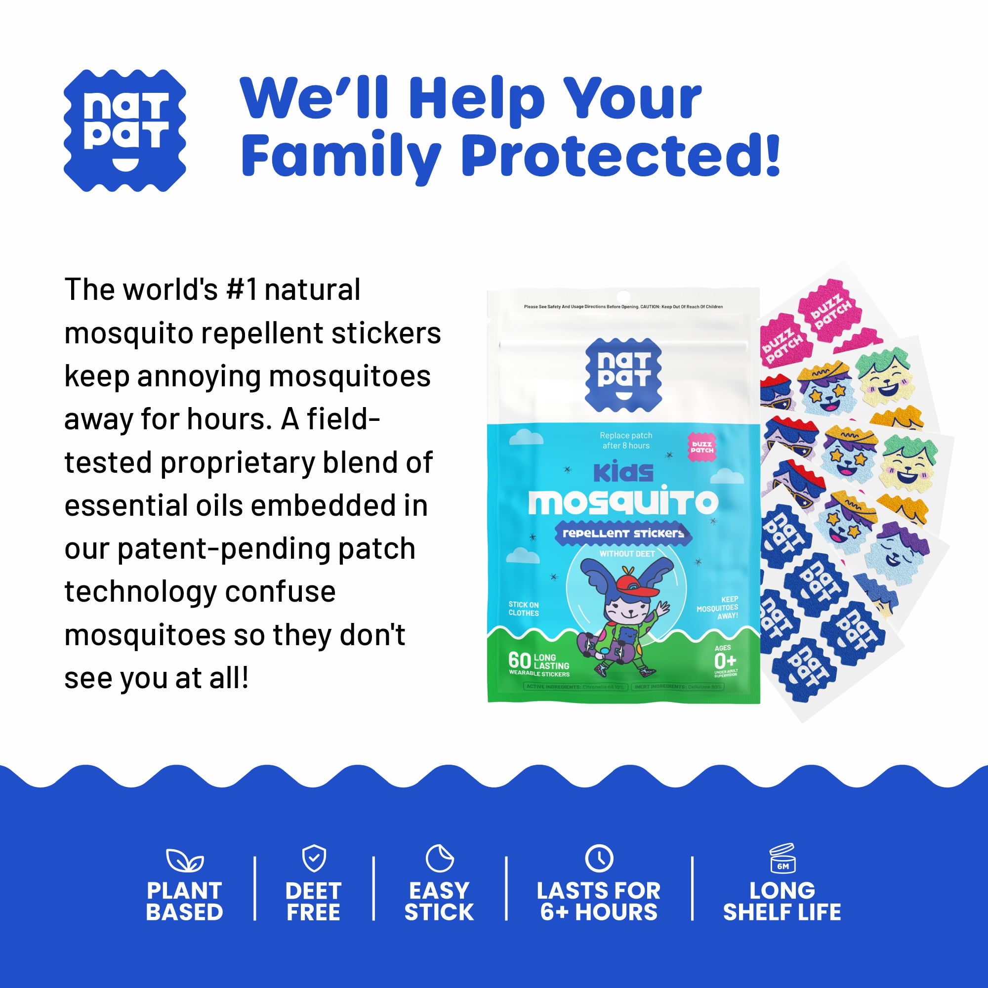 NATPAT BuzzPatch Mosquito Repellent Stickers for Kids, 60 Count