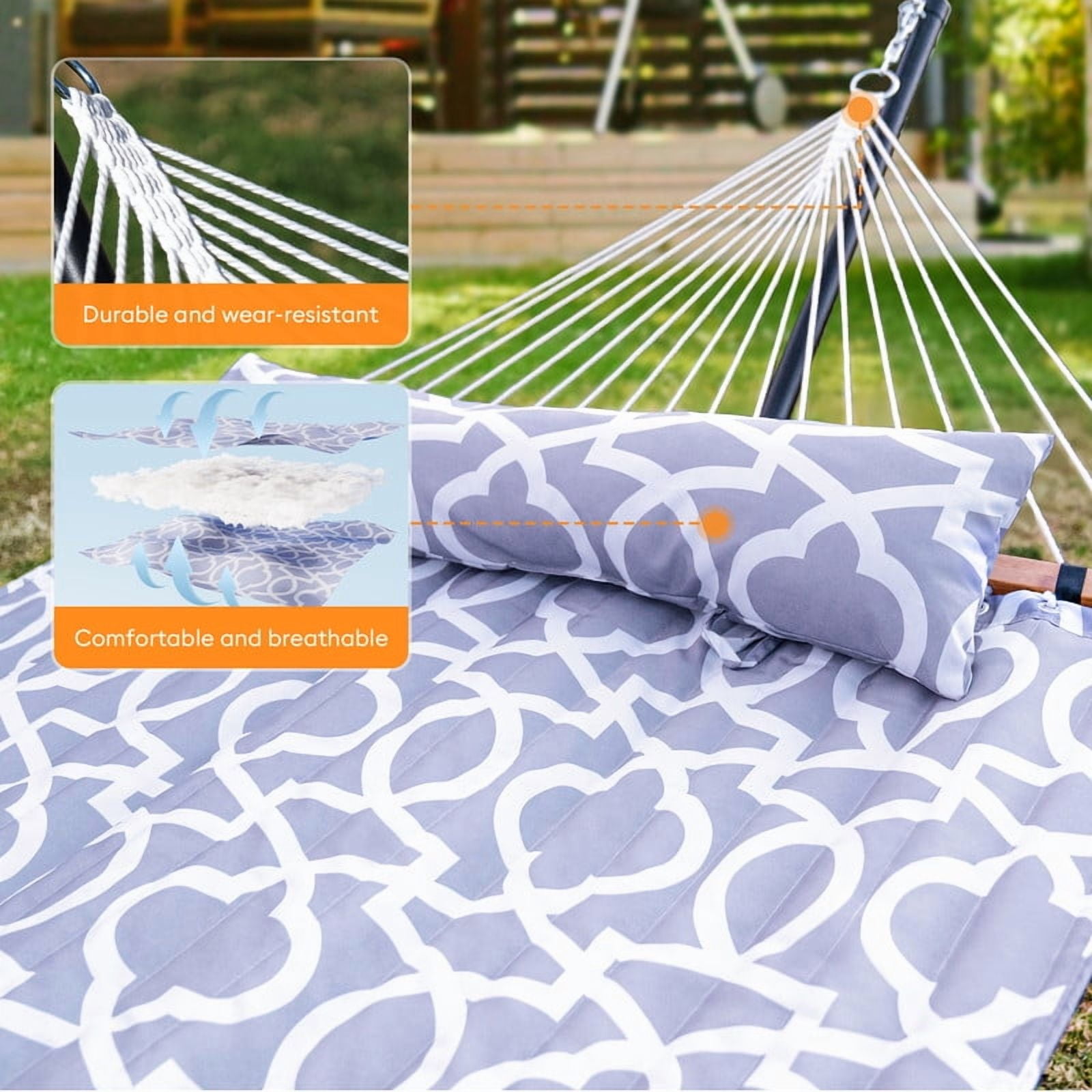 KEESTP 2 Person Portable Double Hammock Without Stand - 500lb Capacity Outdoor Hammock for Camping, Backyard - Whitegray